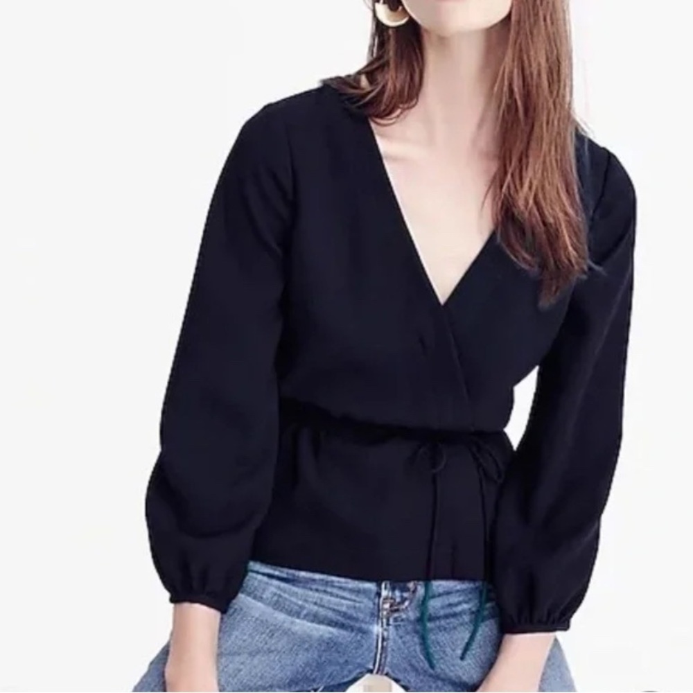 J. Crew Drapey Crepe Deep Navy Faux Wrap Blouse size 8T